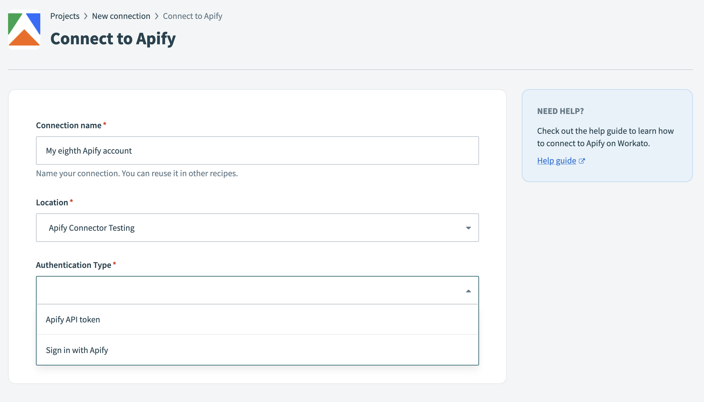 Screenshot of the connection selection interface in Workato